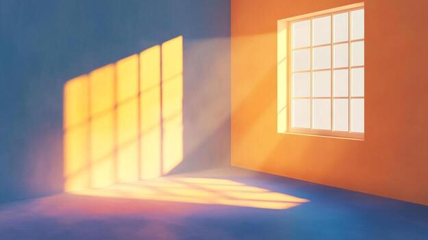 Sunlight streams through a window, casting shadows on the wall in an empty room, creating a warm and inviting atmosphere. photo