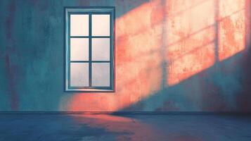 Window light patterns on a textured interior wall creating an abstract visual with blue, orange, and white color contrast. photo