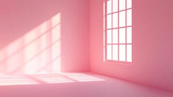 Minimalist corner room bathed in soft pink with light streaming through a window, creating shadow patterns on the wall.Serene and simple. photo