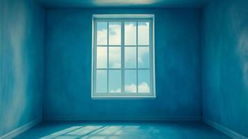 Blue room interior with a window to the sky, symbolizing hope, openness, and the connection to the world beyond the enclosed space. photo