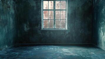 A room shrouded in shadows, a singular window illuminating the worn surfaces, its textures telling tales of time and obscurity. photo