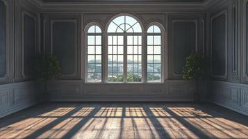 An elegant, sunlit room with ornate wall paneling and large windows, showcasing architectural detail and bright, welcoming light. photo