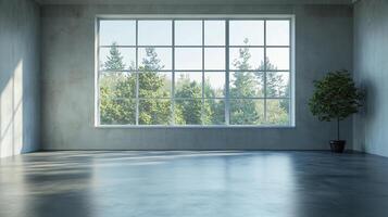 Bright minimalist room with large window overlooking trees, light reflecting off polished floor, potted plant in corner, modern architecture. photo