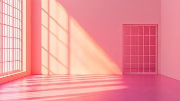 A pink monochromatic room bathed in sunlight, with a grid-patterned window and door, creating linear shadows. A serene and minimalist aesthetic. photo