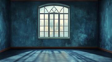 A blue room with a large, arched window casting shadows. The room is empty and simple, creating a serene atmosphere. photo