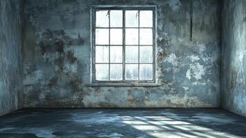 Distressed interior with light streaming in through an old window. Grungy room setting with moody lighting. Abandoned architecture aesthetic. photo