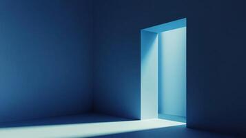 A minimalist image bathed in serene blue tones, highlighting an open doorway and the interplay of light and shadow within a room. photo