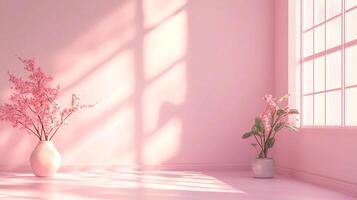 Pink monochromatic room with window light casting shadows on walls, and vases with blossoming flowers. Minimalist design, and calming. photo