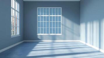 An empty, light blue room with sunlight streaming in through the windows, creating shadows on the floor and walls. Minimalist and serene. photo