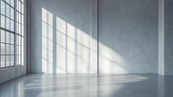 Sunlight streams through windows, creating a light and shadow play on a concrete room interior. Minimalistic design with clean lines. photo