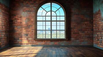 Sunlight streams through a large arched window, illuminating a rustic room with exposed brick walls and a gleaming hardwood floor. photo