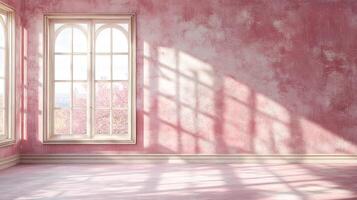 Light streams through arched windows onto a pale rose wall. A view of a distant city and blossoming pink trees adds serenity. photo