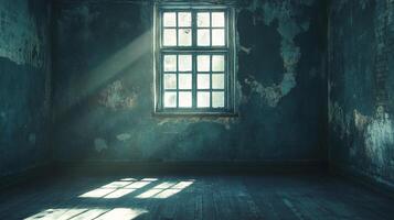 Rays of light illuminate an empty, aged room. An open window casts shadows on the distressed walls and weathered wooden floor. photo