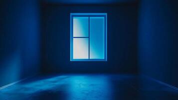 Empty room bathed in blue light emanating from a geometrically paneled window, creating a sense of minimalist space and modern design. photo