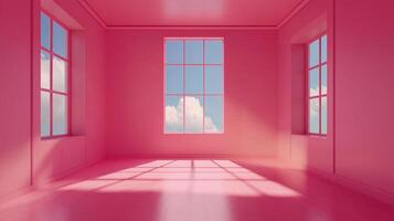 Pink room with window and visible sky and cloud, aesthetic minimalistic interior with sharp lines and interesting light play. photo