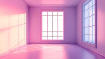 An empty room bathed in pink and purple hues, light streams through windows creating shadows and a serene, minimalist atmosphere. photo
