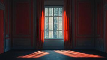Sunlight streams through a window in an elegant room, creating dynamic shadows on the floor. Warm, classic design meets light and shadow. photo