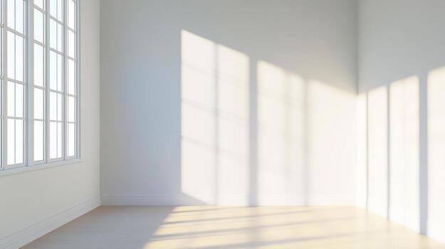 Sunlit corner of an empty room with a large window creating shadows on the walls, offering a bright and minimalist aesthetic. photo
