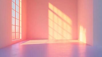 Sunlight streaming through a gridded window casts geometric patterns on the blush walls and floor of a minimalist room, creating a warm ambiance. photo
