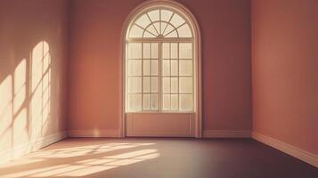 Serene room with sunlight streaming through a classic arched window. Light and shadow play create a peaceful, inviting atmosphere. photo