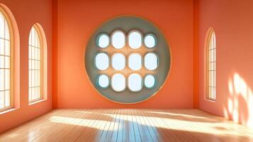 Bright and airy room with a unique round window and wooden floors, creating a modern minimalist space bathed in natural light. photo