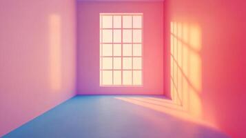 Sunlit room in pastel shades, light streaming through window, creating soft shadows and a warm ambiance in a minimalist setting. photo