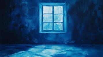An eerie blue room featuring a window with light streaming through, creating a spooky and mysterious atmosphere, artfully crafted. photo
