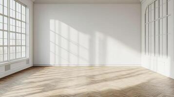 Bright, spacious room with light streaming through large windows, illuminating a herringbone wood floor and white walls. Minimalist and serene. photo