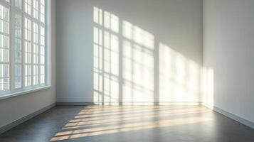 Sunlight streams into an empty room through a multi-paned window, creating patterns on the floor and wall, creating depth and warmth. photo