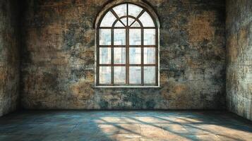 An empty room with an arched window and weathered walls basks in sunlight, hinting at the passage of time and untold stories within. photo