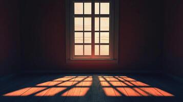 Sunlight streams into a room through a window, casting sharp shadows across the wooden floor, creating a bright spot in the dim interior. photo