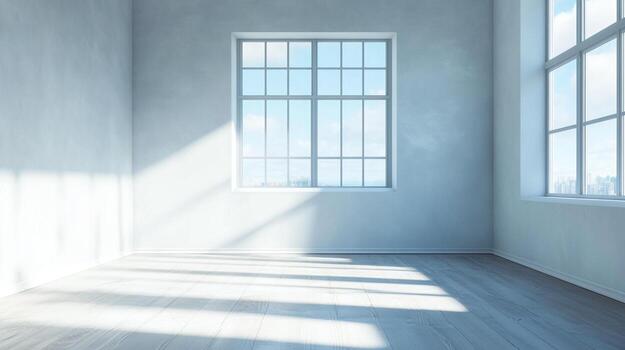 Sunlight streams into an empty room through large windows, highlighting the minimalist design and creating a bright and airy space. photo