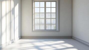 Bright room with sunlight streaming through a window, creating shadows on the floor and walls, enhancing the minimalist interior. photo