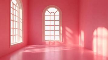 Vivid pink room with sun-drenched arched windows, radiating warmth and brightness through the architecture, casting soft shadows on the walls and floor. photo