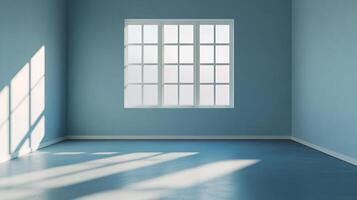 Minimalist blue room bathed in sunlight, featuring a large window that casts geometric shadows on the floor and walls, empty space. photo