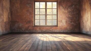 Sunlit empty room with rustic walls and wooden floor, featuring a window with a view of trees, creating a serene atmosphere. photo