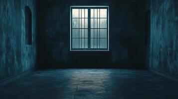 A chilling, empty room with a barred window lets in minimal light, casting long shadows in the dim atmosphere, creating a sense of desolation. photo
