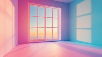 A light-filled room with a large window, casting soft shadows. Pastel colors create a serene and peaceful atmosphere. Sky view visible. photo
