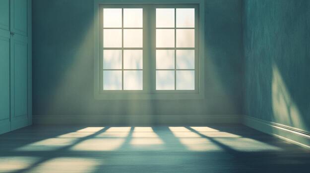 Sunlight streams through a window illuminating an empty room. Light and shadow create a peaceful and contemplative interior scene. photo
