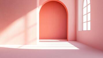 Minimalist pink room with arched doorway and window casting shadows, evokes serenity and modern design, bathed in gentle, diffused light. photo