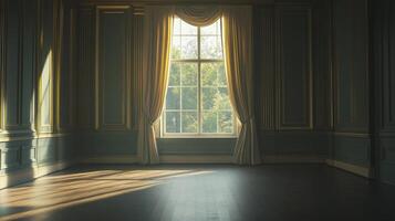 An empty, classic-style room bathed in sunlight streaming through a large window, creating an inviting and spacious atmosphere. photo