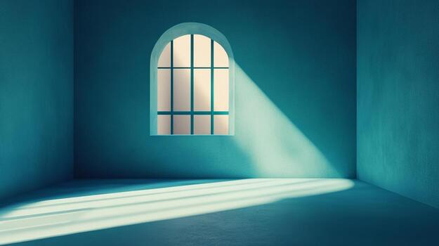 Sunlight streams into a serene, empty room through an arched window, creating a peaceful and contemplative atmosphere. photo