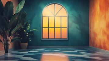 Indoor still life capturing the interplay of light and shadow in an empty room, showcasing vibrant plants and a sunset framed by a window. photo
