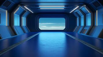 Futuristic corridor with bright blue lighting, smooth floor, and a window view of a sunny sky with clouds. Clean and modern design. photo