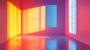 An empty vibrant room bathed in sunlight with shades of pink, red, and yellow showcasing an eye-catching and radiant interior setting. photo