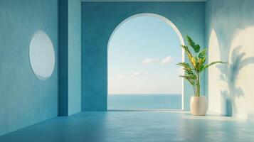 A serene aqua room frames an ocean view through an arched opening, with a plant casting shadows, blending nature with minimalist design. photo