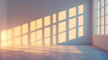 An ethereal image of a room bathed in light. Sunlight through a window creating mesmerizing patterns of light and shadow on the wall and floor. photo