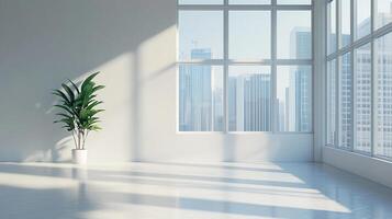 Bright, airy office space with a potted plant in the corner. Sunshine streams in through large windows with city views. photo