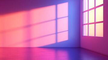 Illuminated room with radiant light casting windowpane shadows across wall, creating a dynamic interplay of vibrant hues and minimalist charm. photo