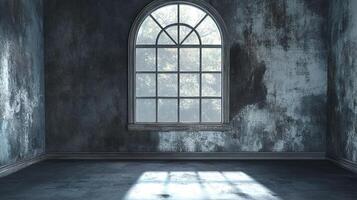 Dilapidated room features an arched window, worn walls, and light streaming across the concrete floor. A study in contrasts. photo
